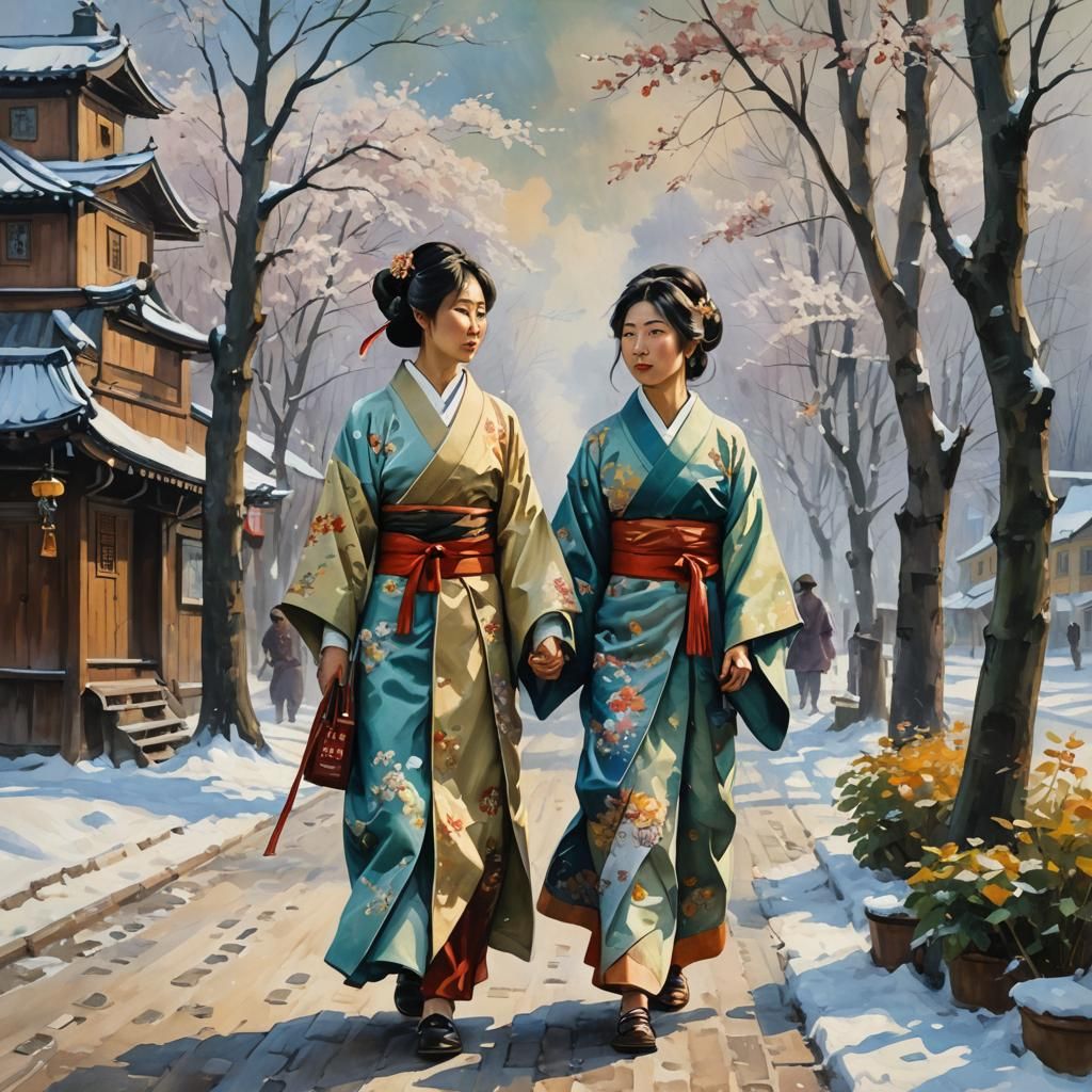 Japanese Women Walking in Yaroslavl: Fantasy Painting