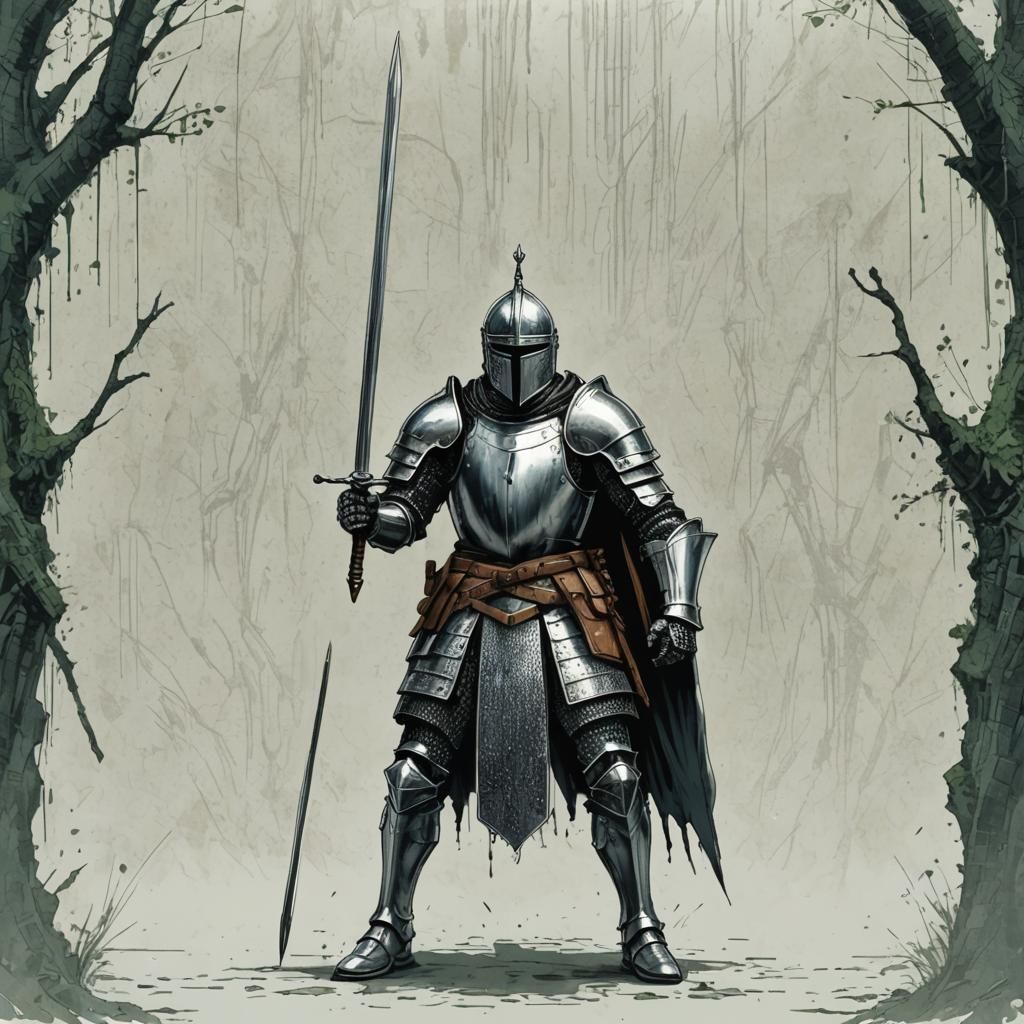 Three-Armed Knight in Matrix, Hand-Drawn Style