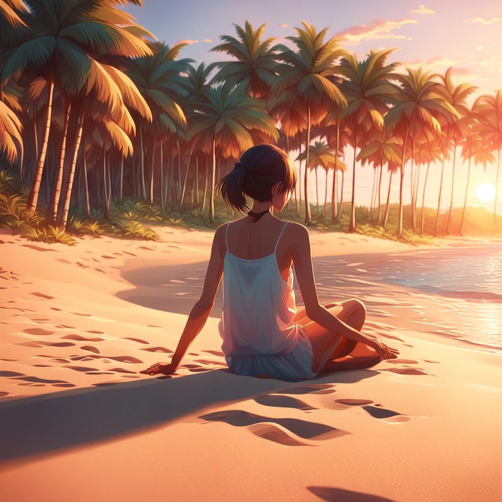 Anime Woman on Beach at Sunset in 8k