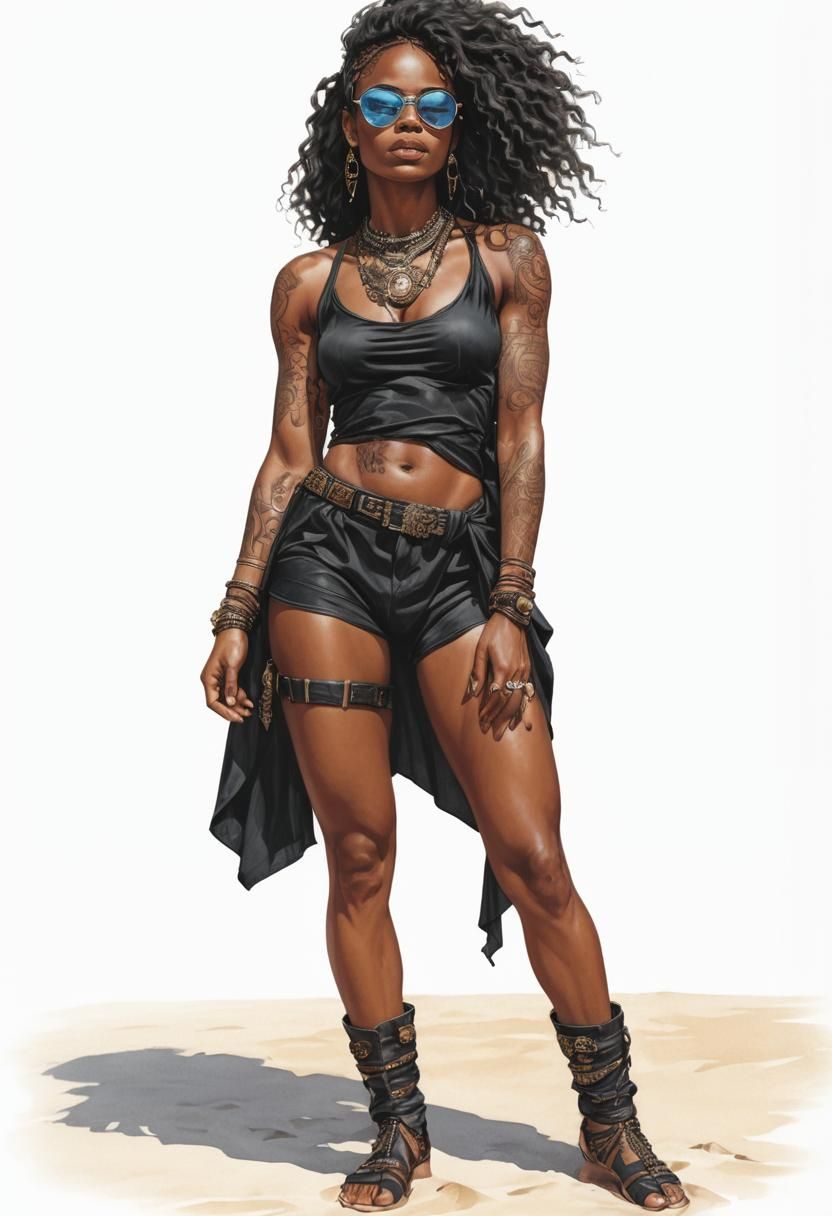 African Woman in Beach Outfit: Cinematic Illustration