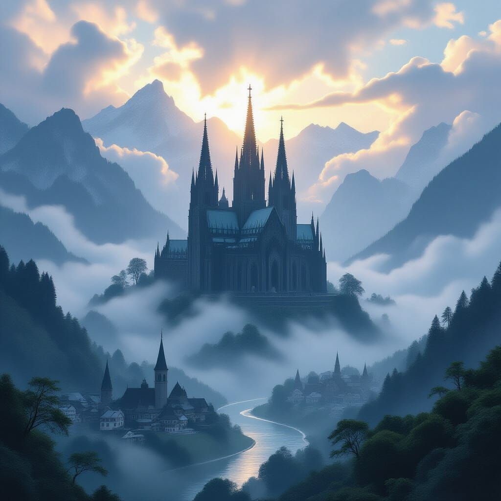 Gothic Cathedral on Misty Mountain in Hyperrealistic Style
