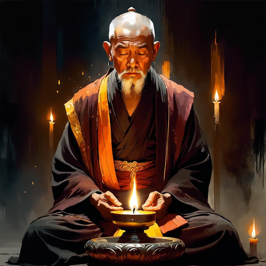 Monk Meditating by Candlelight: Watercolor Illustration