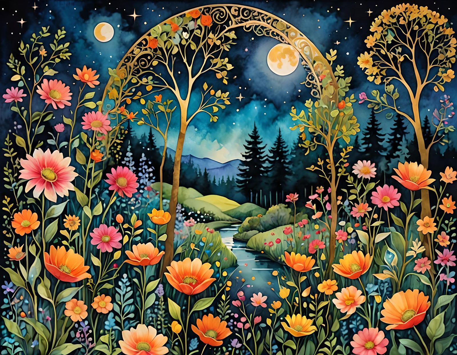 Whimsical Night Garden with Moon and Stars