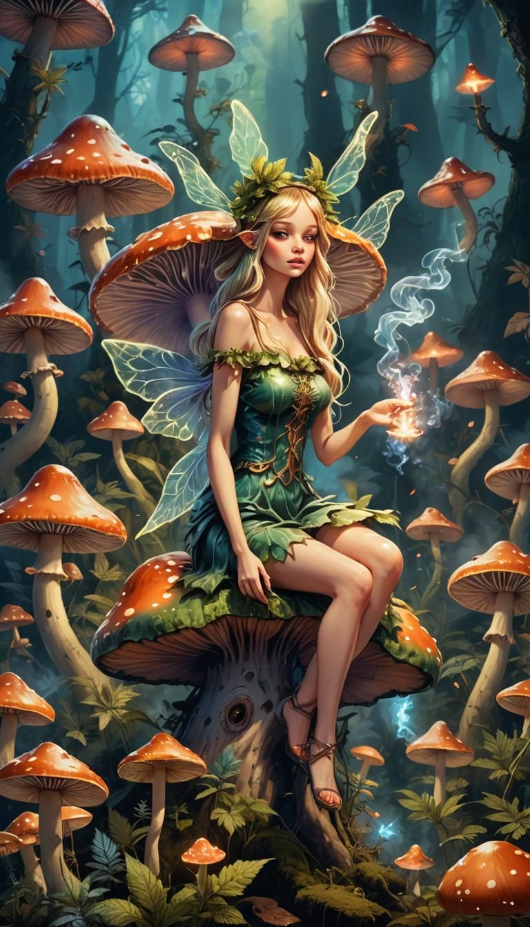Glowing Fairy Smoking a Joint on Mushroom