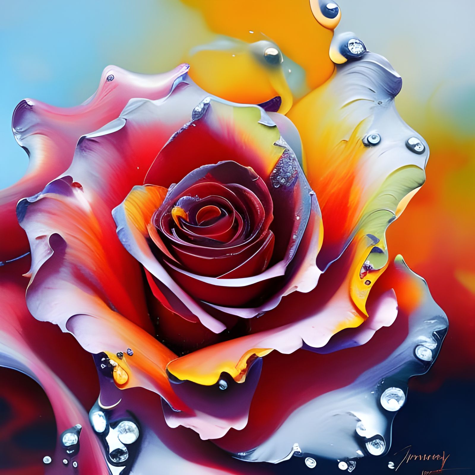 Detailed Fire Rose with Oil Splash and Marbling