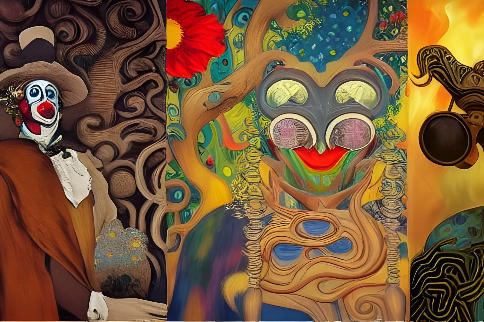 Steampunk Clown Face with Birds and Flowers