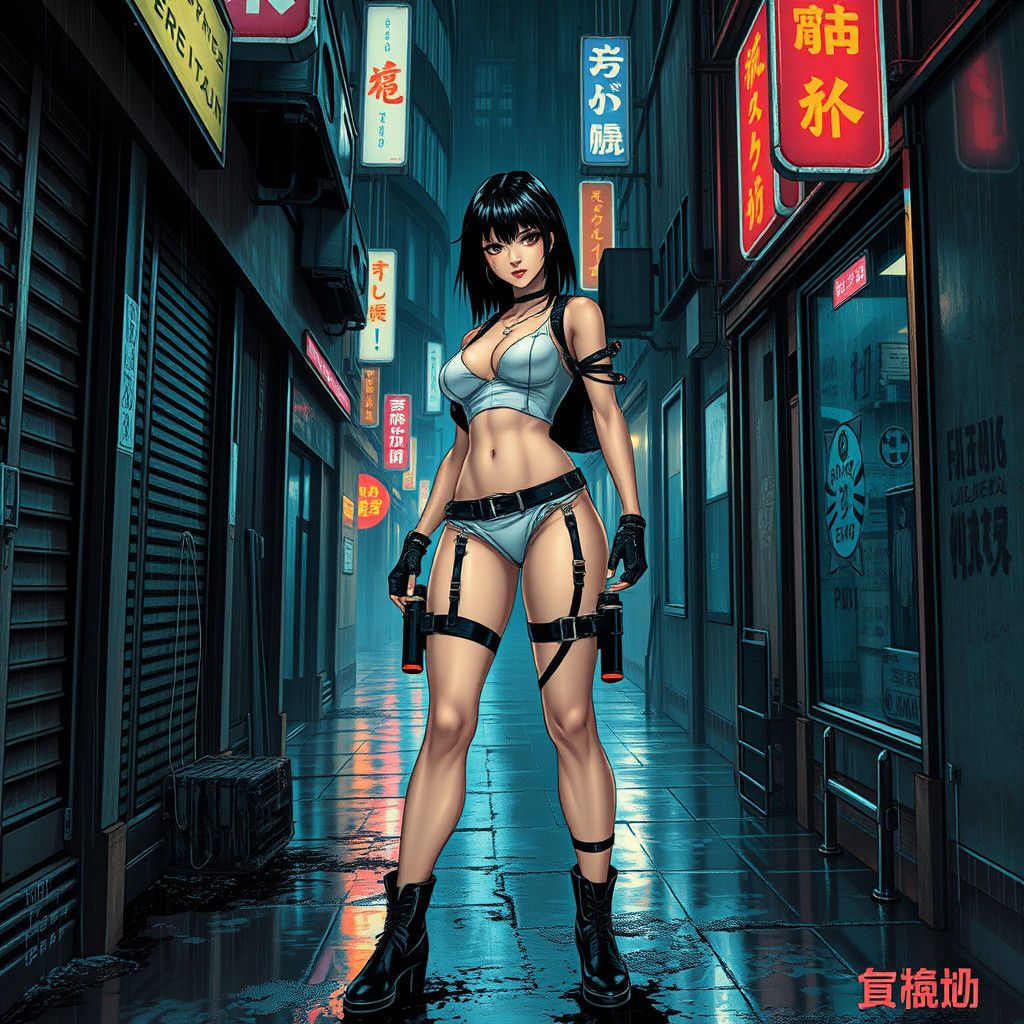Cyberpunk Heroine in Rain-Soaked Alleyway