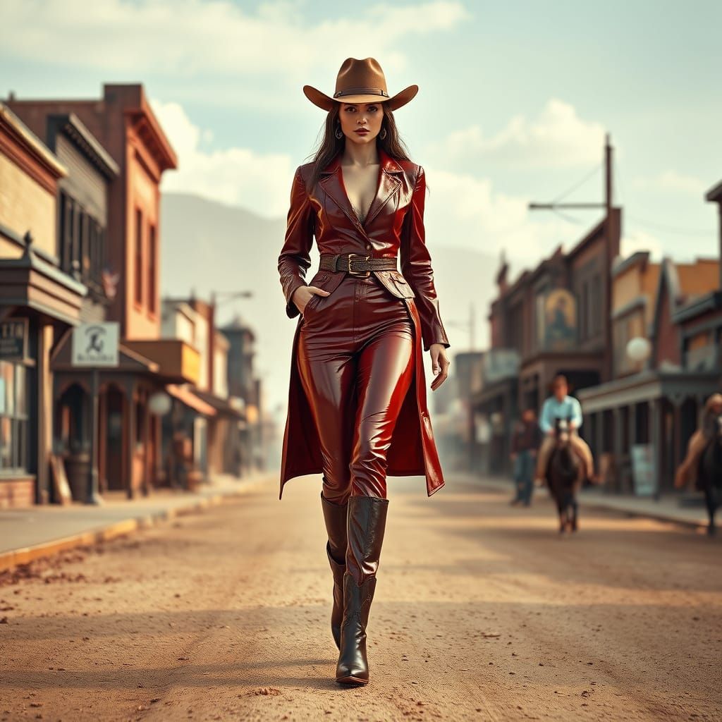 Cyberpunk Western Cowgirl Struts Down Deserted Main Street
