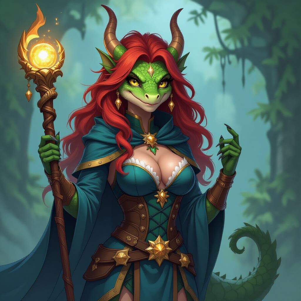Dragon Sorceress With Golden Orb Staff