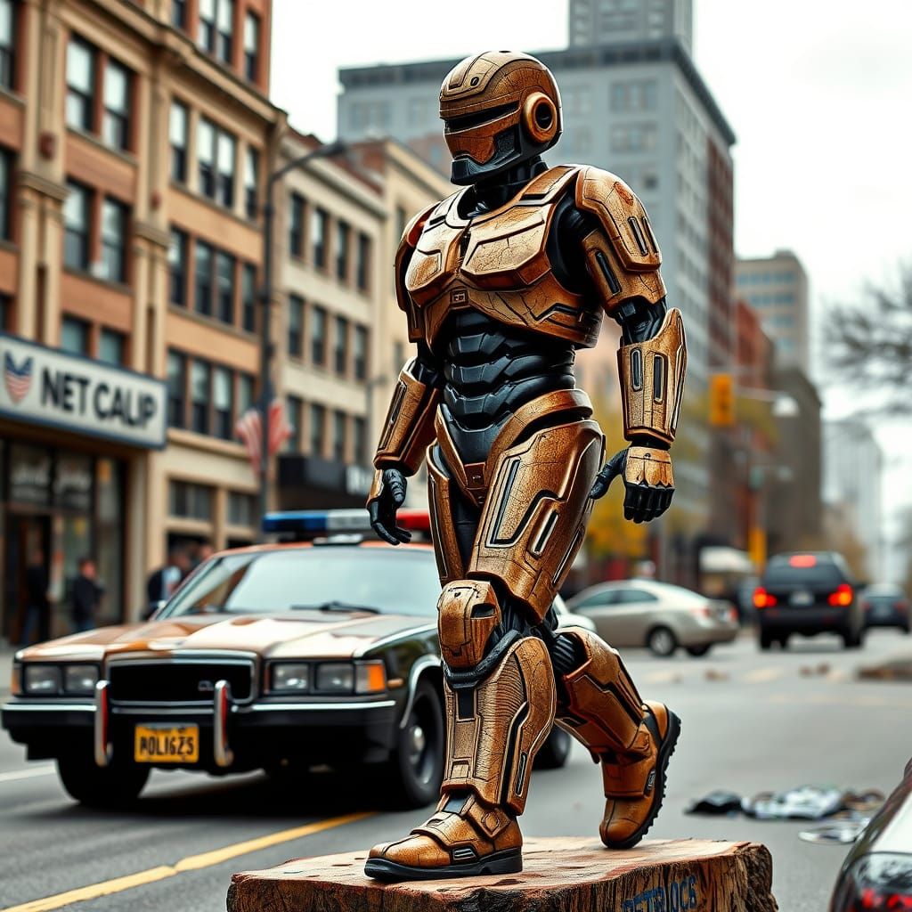 Robocop Sculpture Carved from Redwood