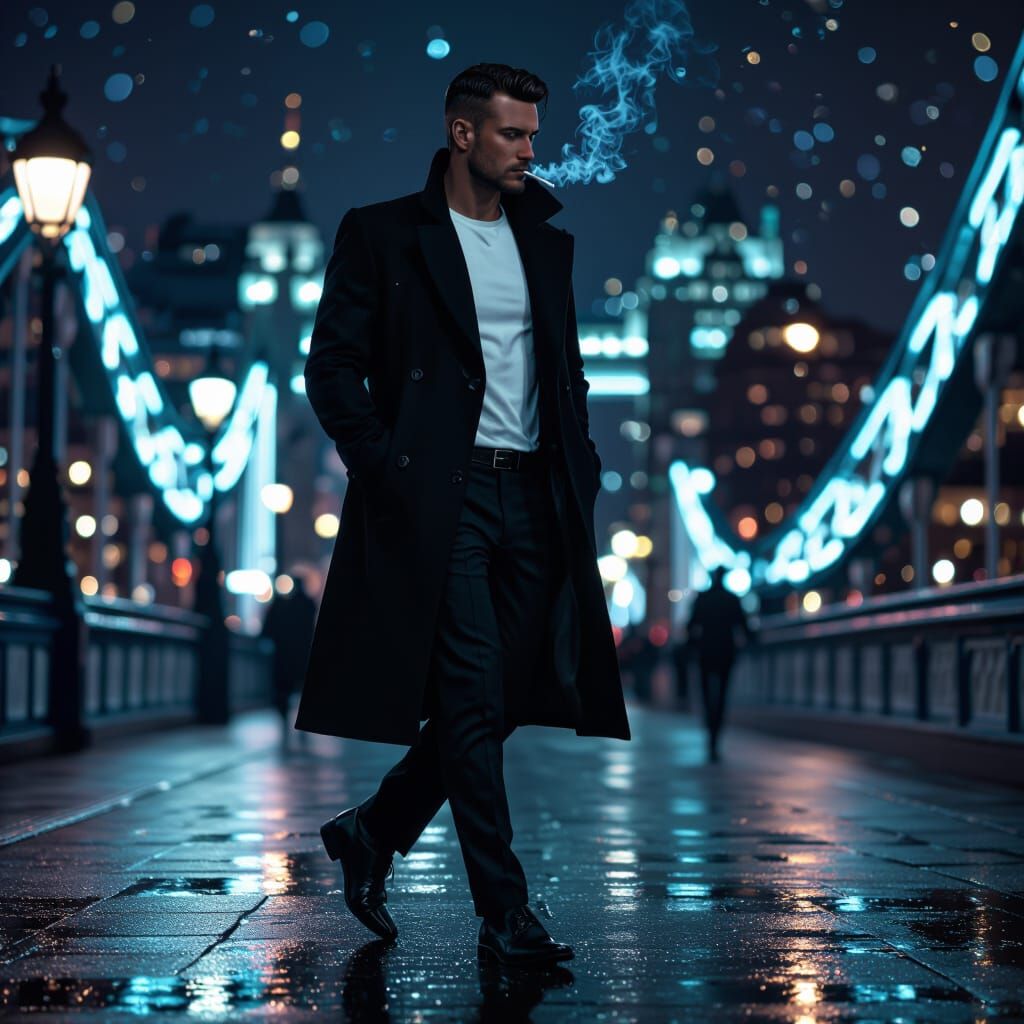 Stylish Man Walks London Bridge At Night in Mercury Glow