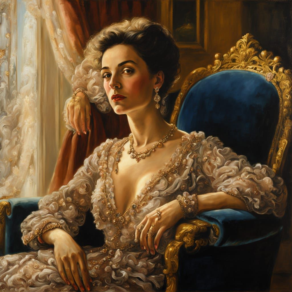 Italian Renaissance Woman in Luxurious Velvet Armchair