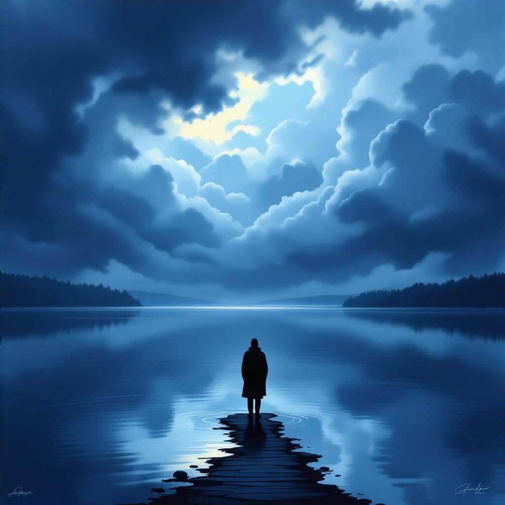 Lonely Figure Reflects Stormy Sky on Calm Lake