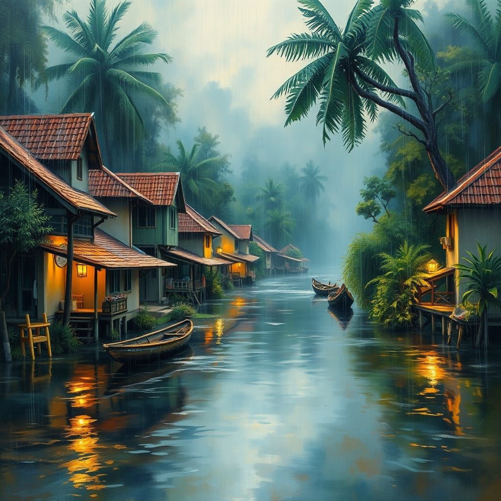 Monsoon Rains Engulf Riverside Hamlet: Watercolor Masterpiec...