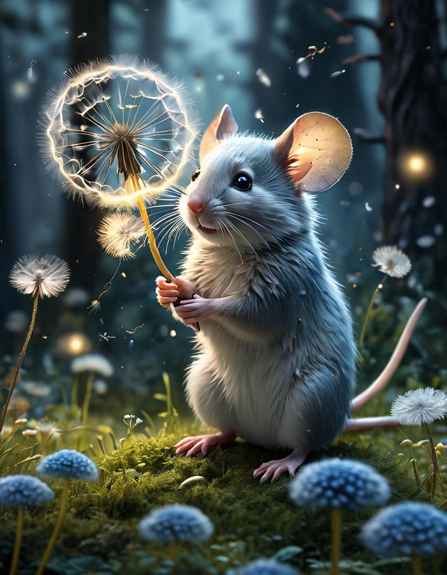 Charming Mouse with Dandelion in Magical Forest