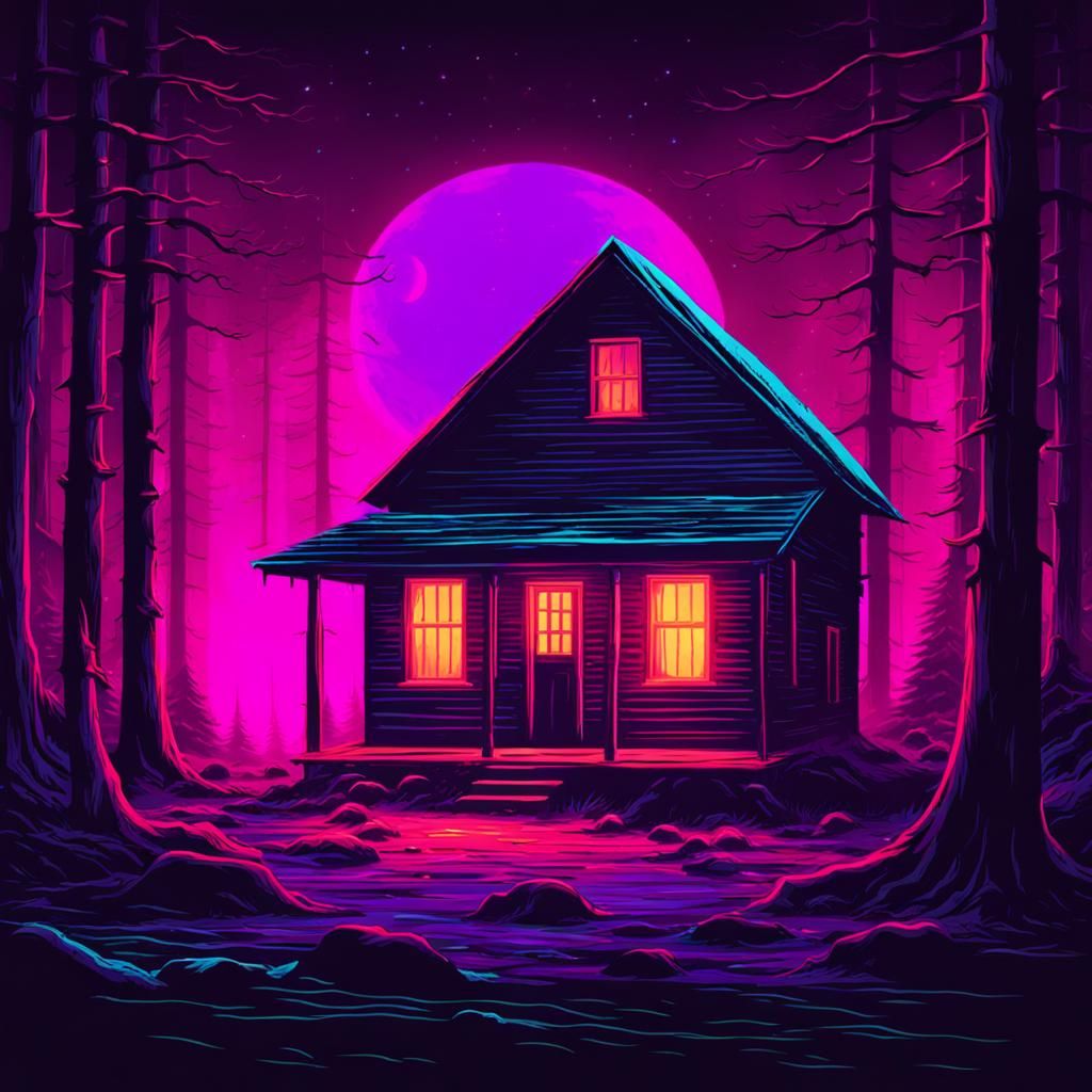 Retro Horror Movie Scene: Shadowy Figures Worship Entity