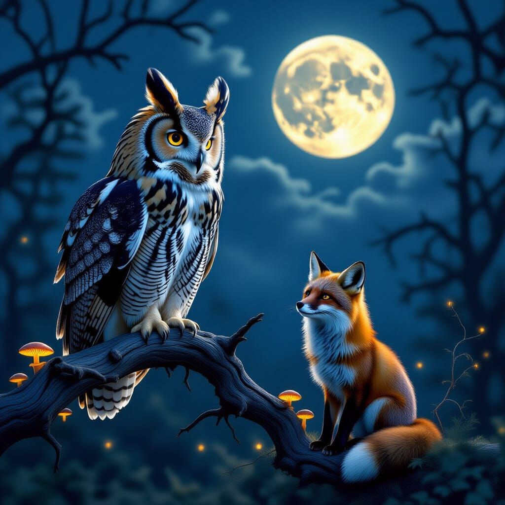Great Horned Owl and Fox Under Moonlight