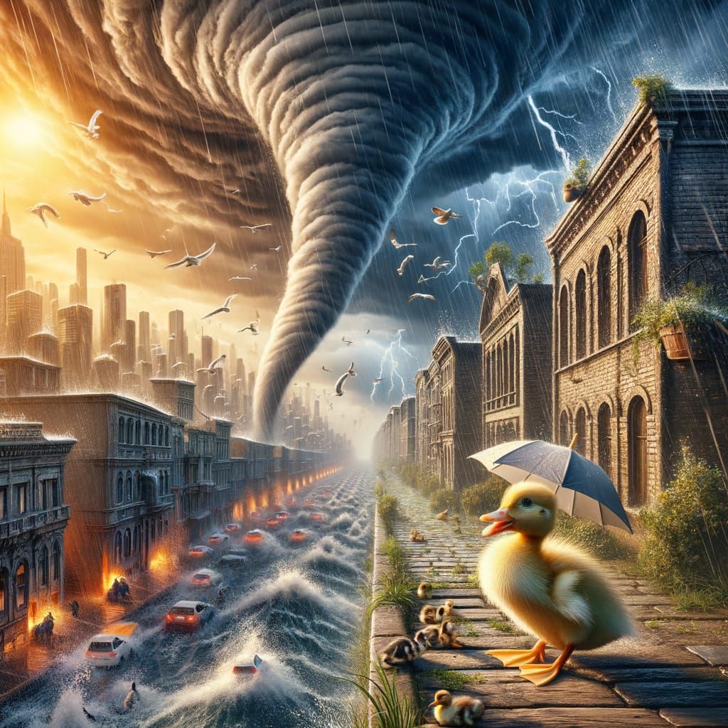 Baby Duck Braves Tornado Under Tiny Umbrella