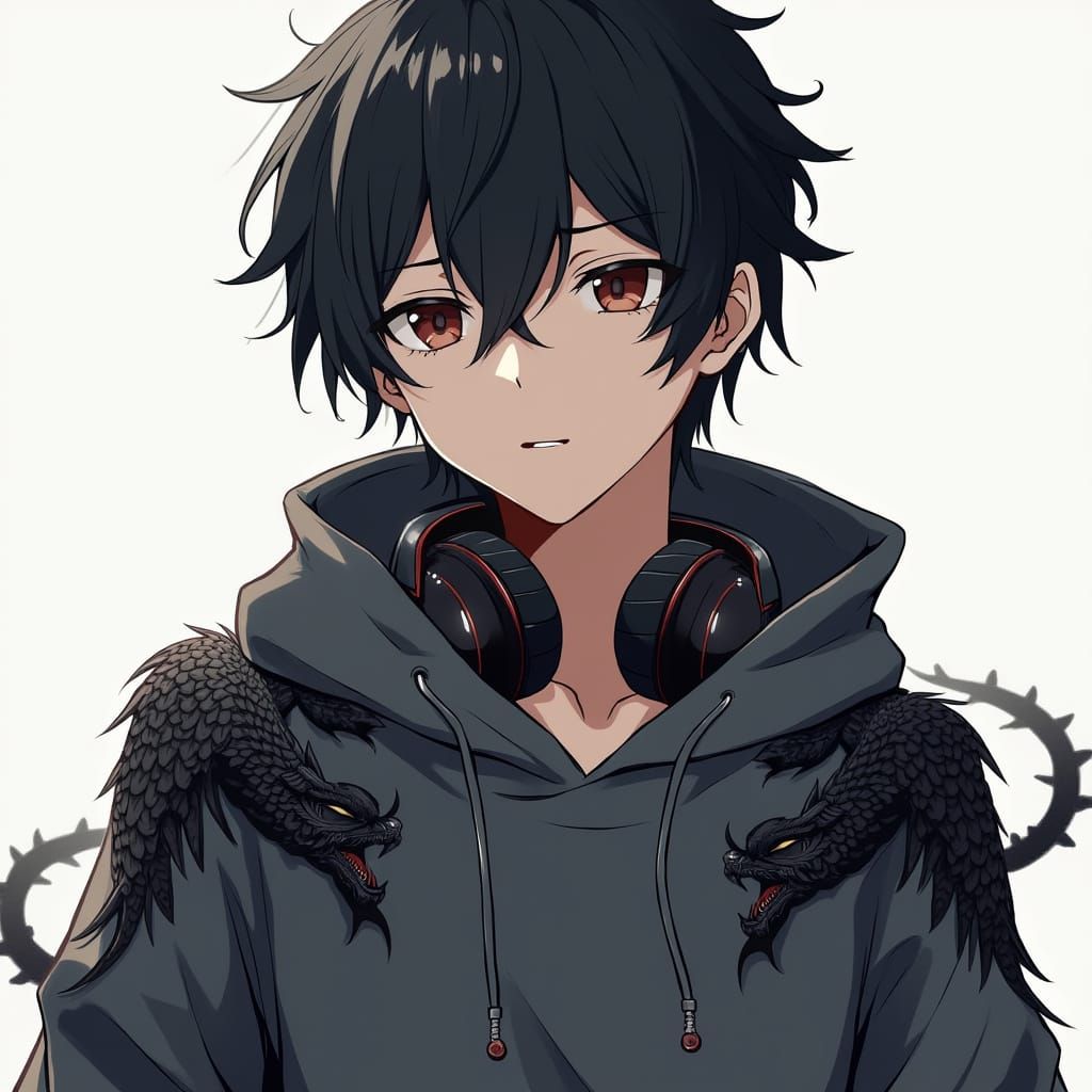 Anime Boy Portrait in Dark Grey Hoodie with Black Dragons Em...