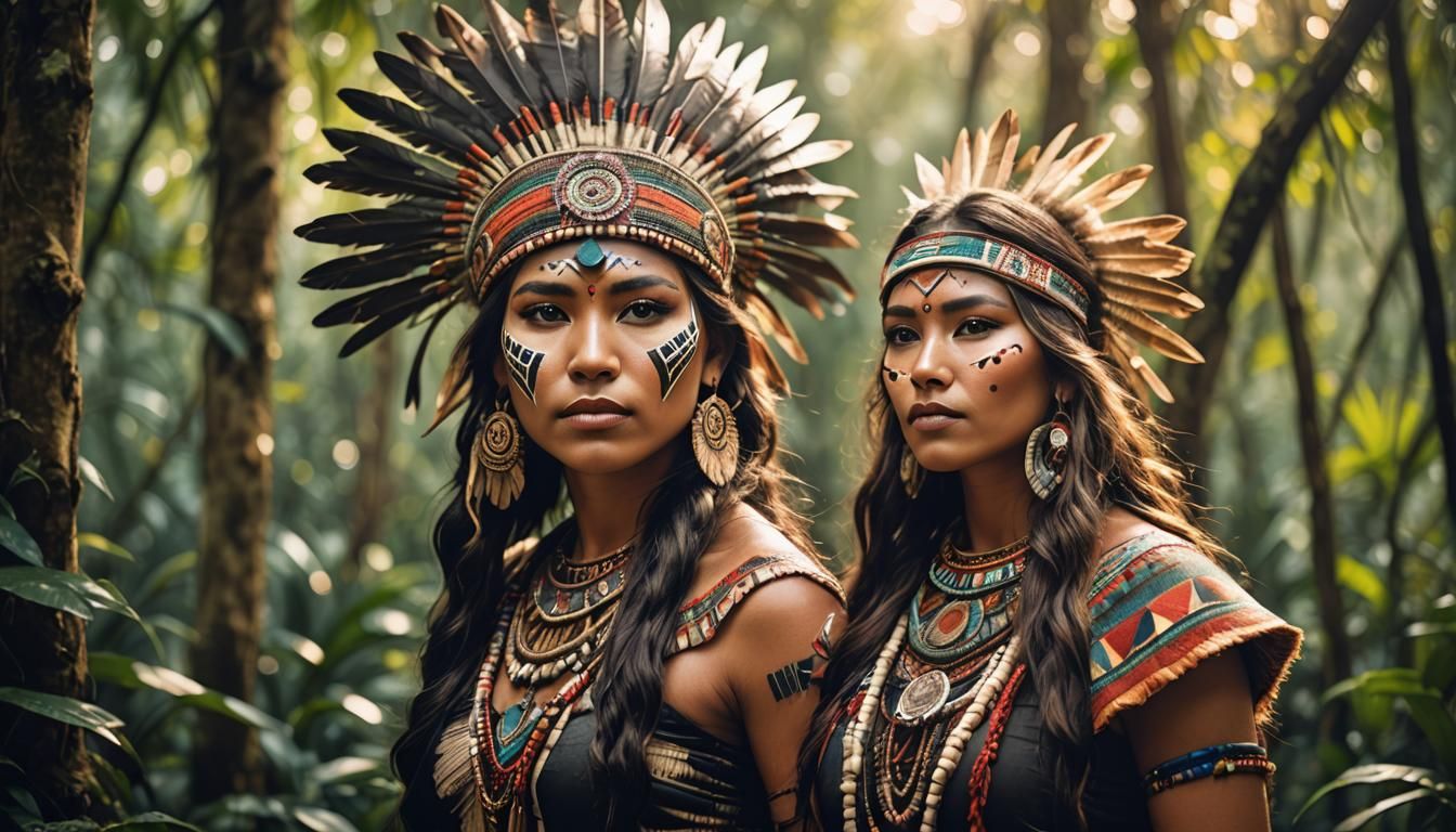 Elegant Aztec Tribeswoman in Jungle, Bokeh Effect