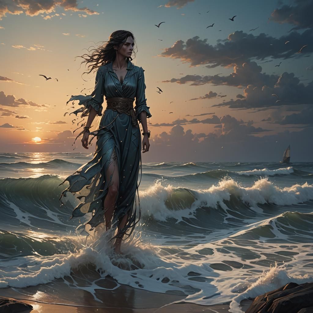 Hyperrealistic Seascape at Dawn: Solitary Figure