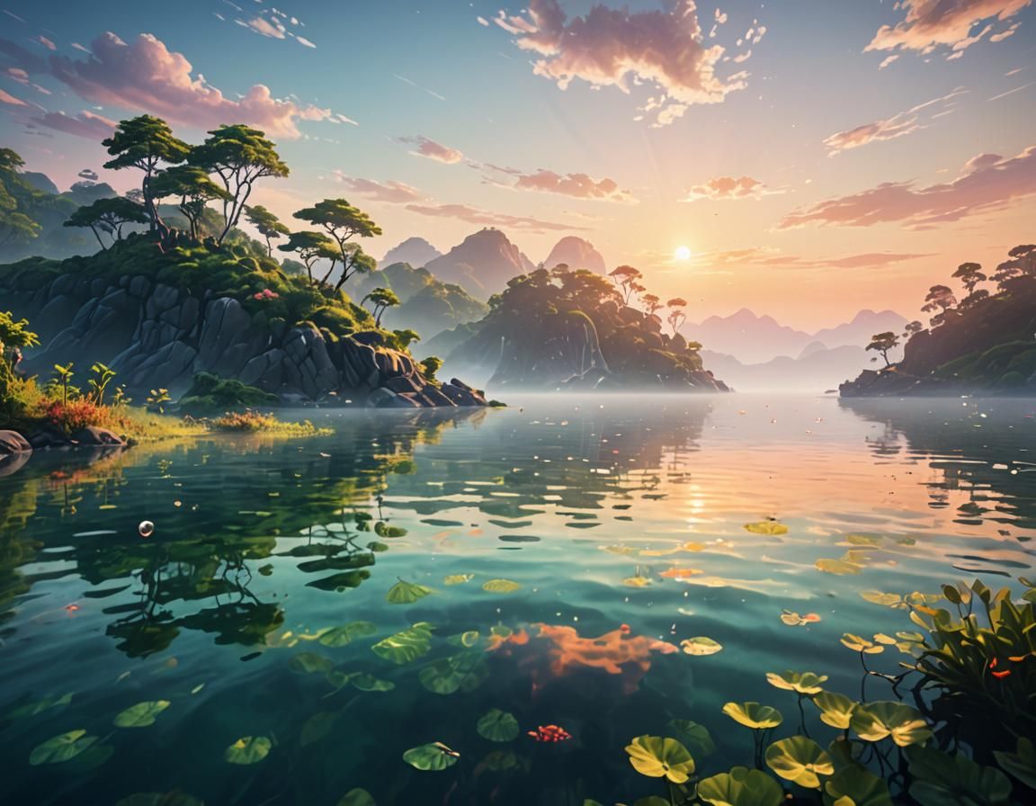 Ethereal Dream Water Landscape in Polychromatic Hues