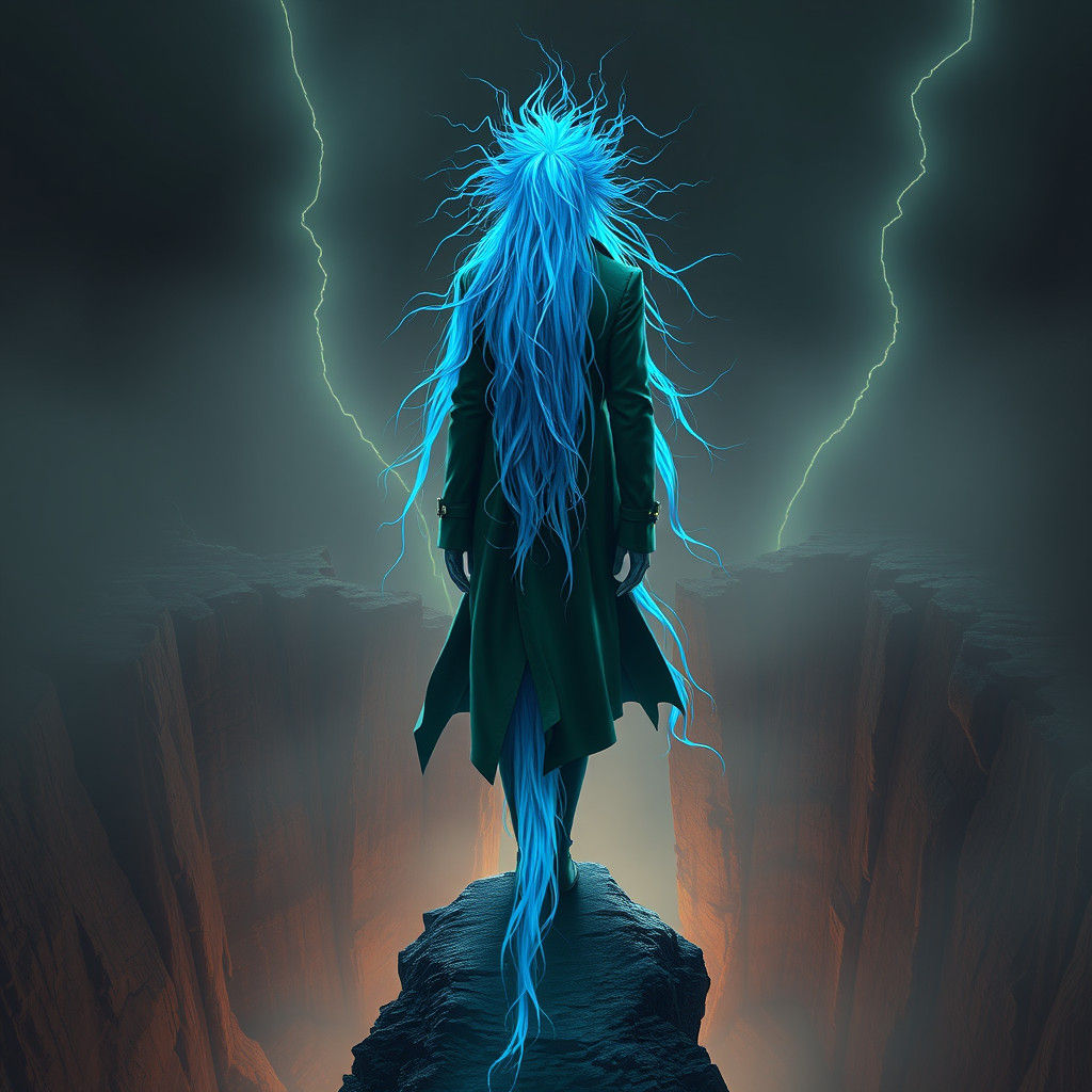 Electric Blue Haired Figure at Edge of Chasm