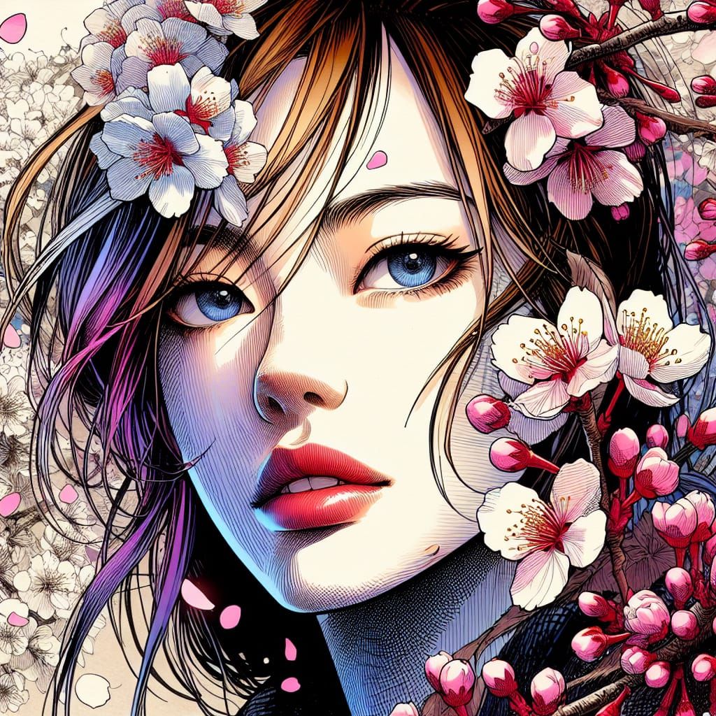 Cherry Blossom Portrait in Manga Style