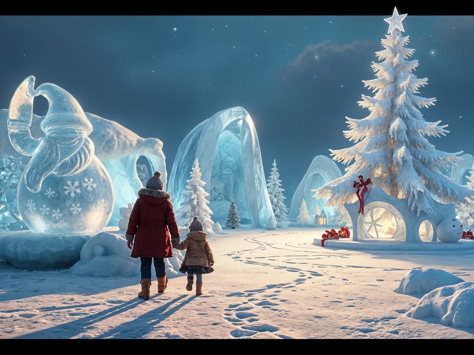 Serenely Lit Ice Wonderland with Majestic Ice Sculptures