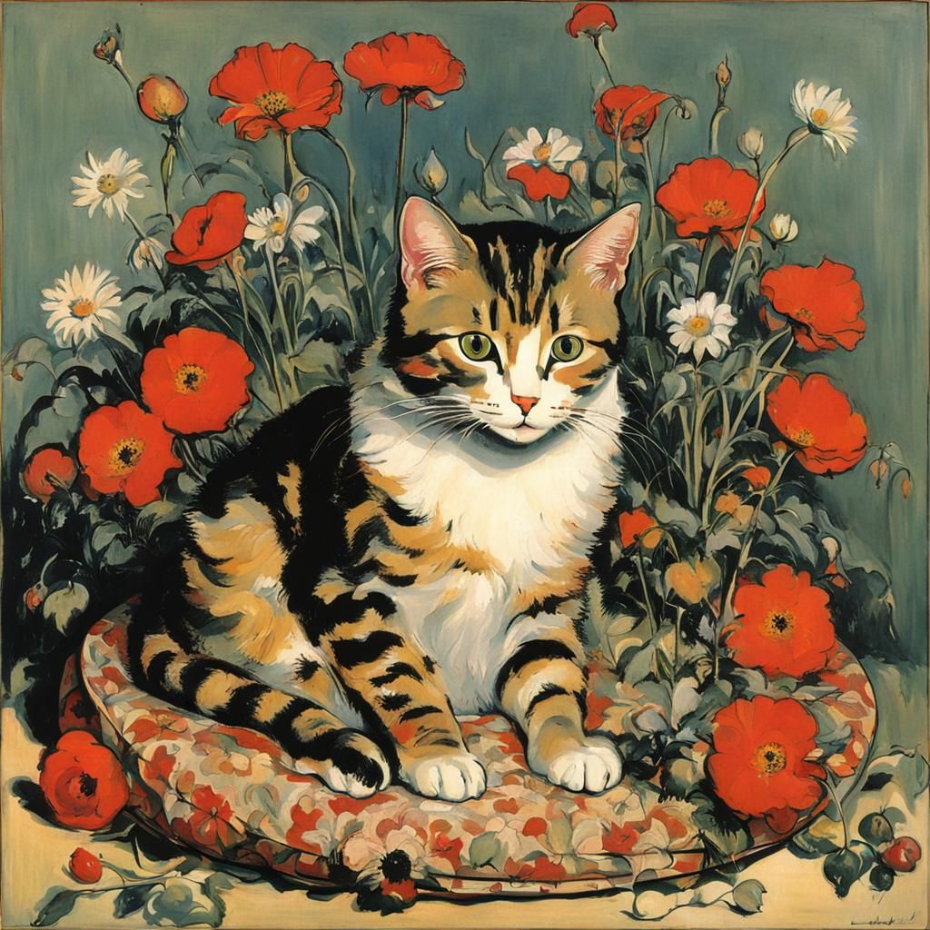 Cute Cat with Flowers, in Duchamp Style