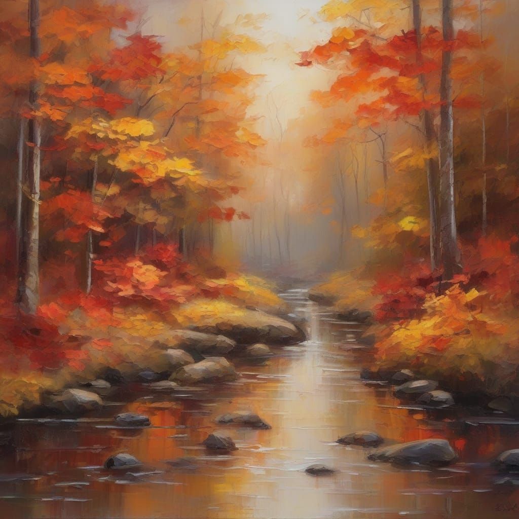 Autumn Forest Scene as Impasto Painting