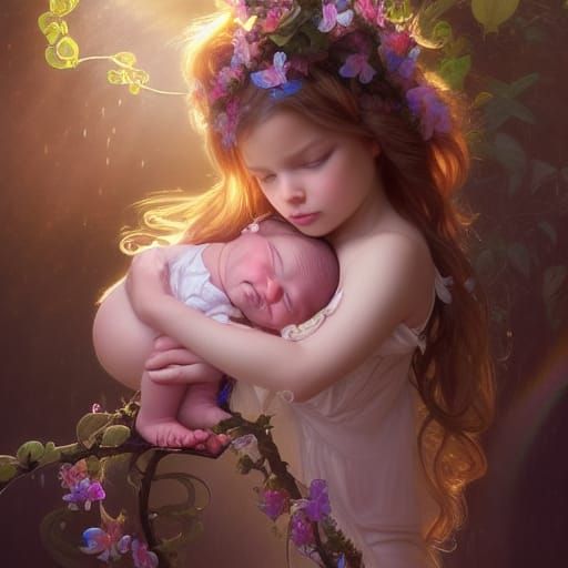 Rainbow-Haired Babies in Cyberpunk Orchid Garden