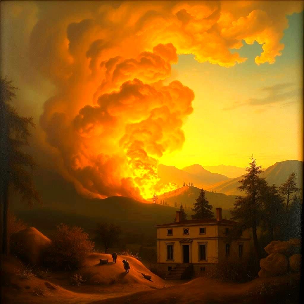 Renaissance Painting of Distant Fire Smoke