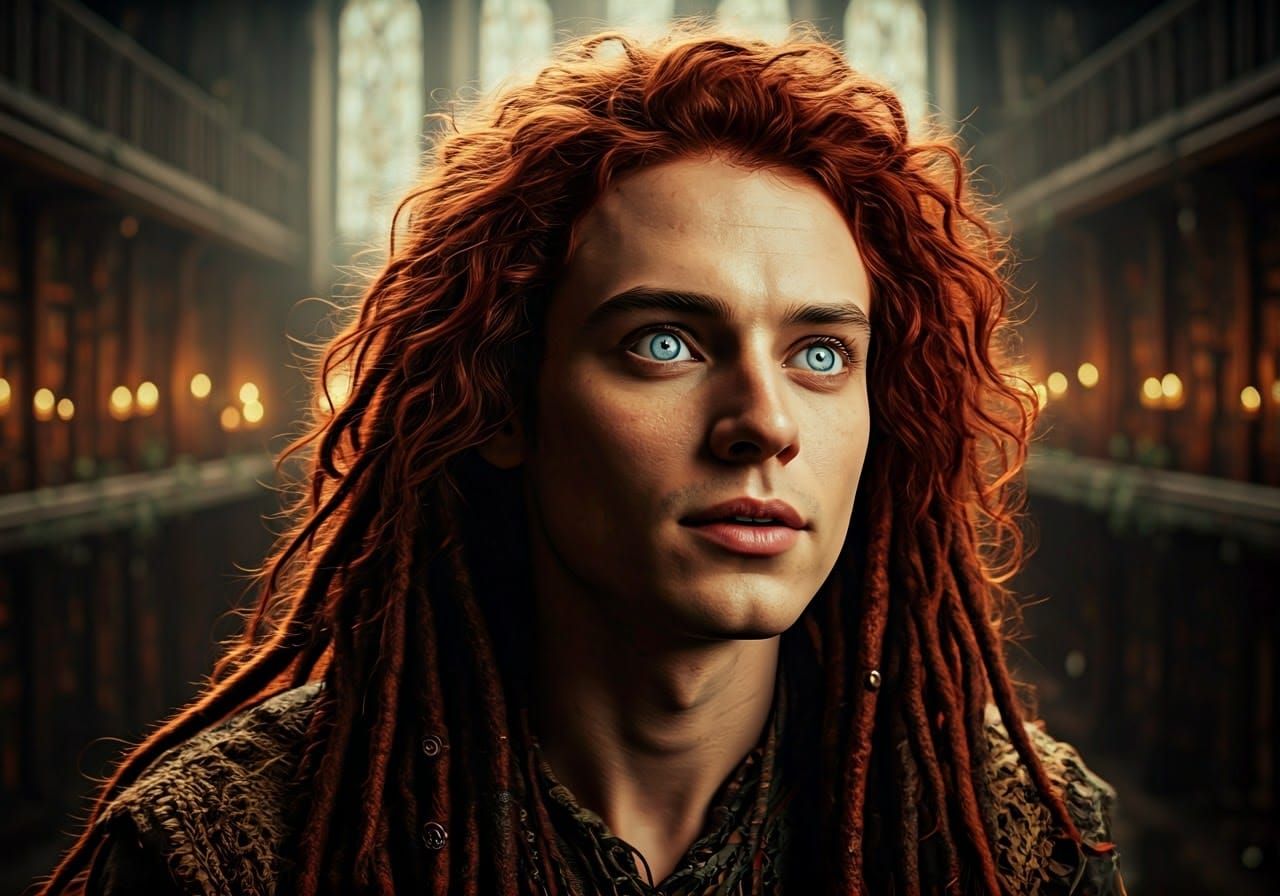 Mystical Crimson-Haired Figure in Ancient Library