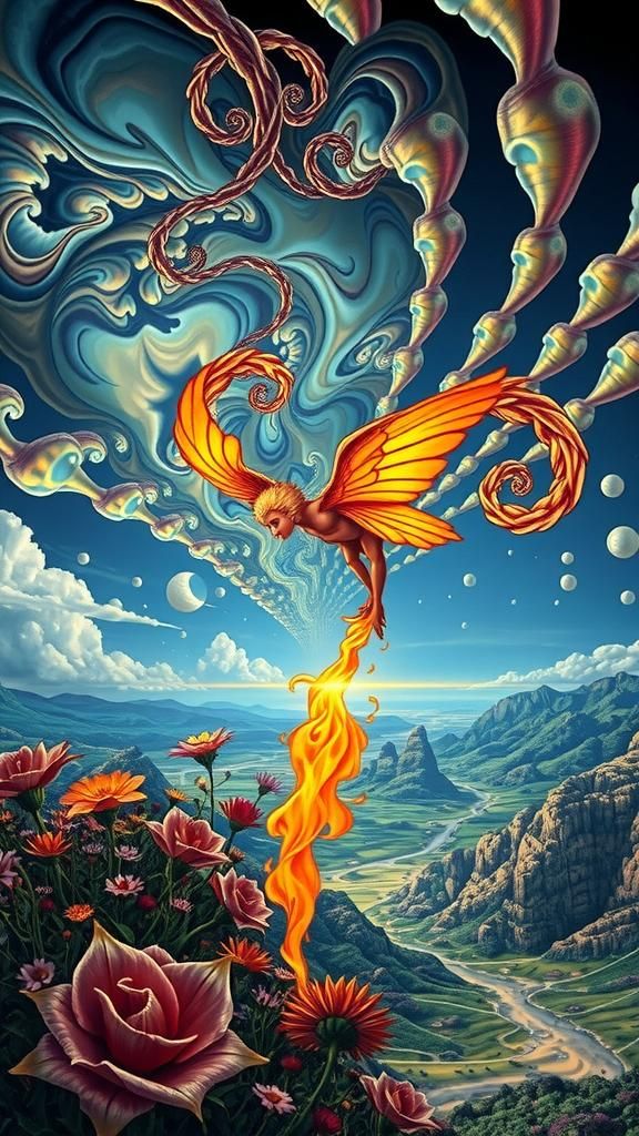 Surreal Landscape with Elastic Flora and Flaming Fairy