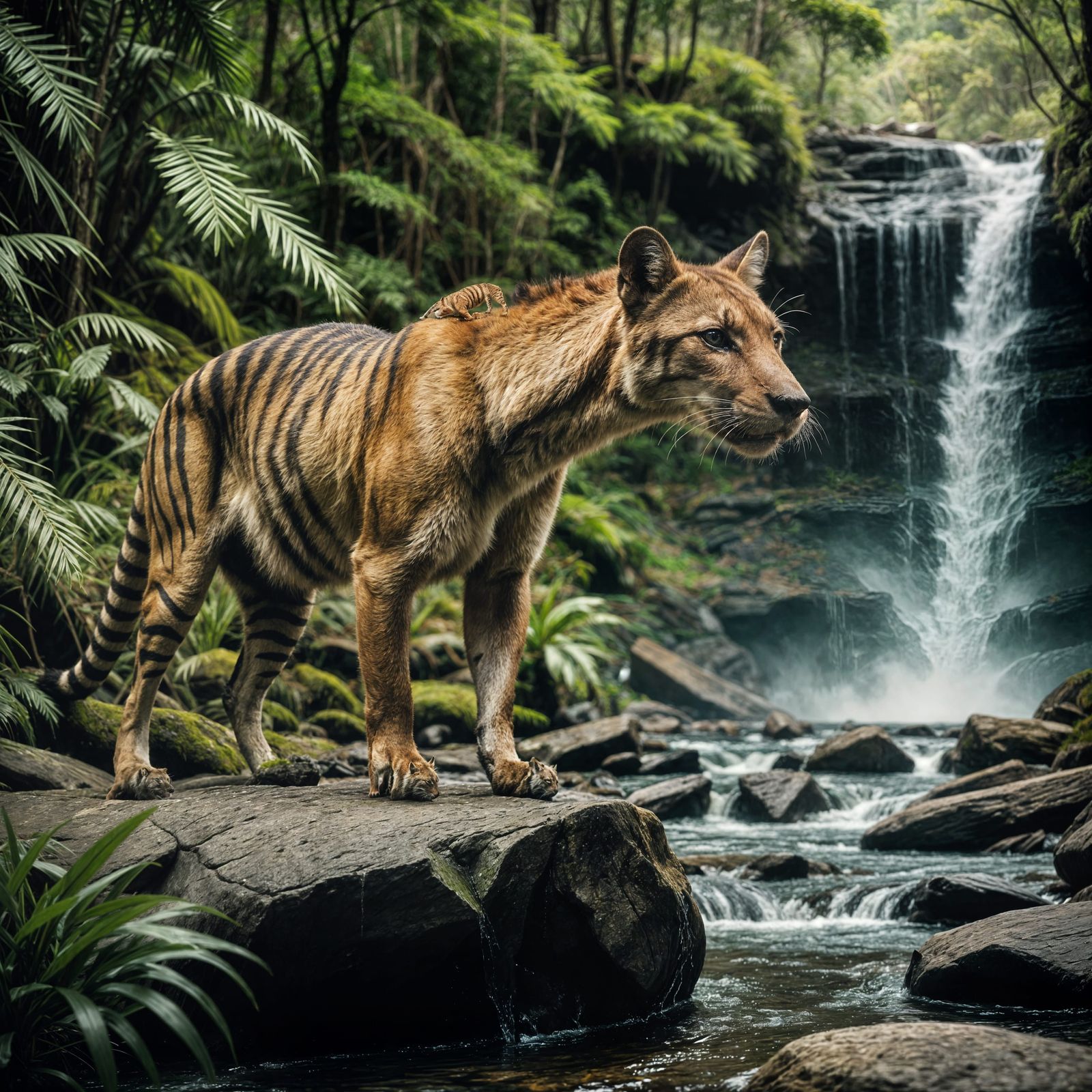 Majestic Tasmanian Tiger Basks in Waterfall's Splendor