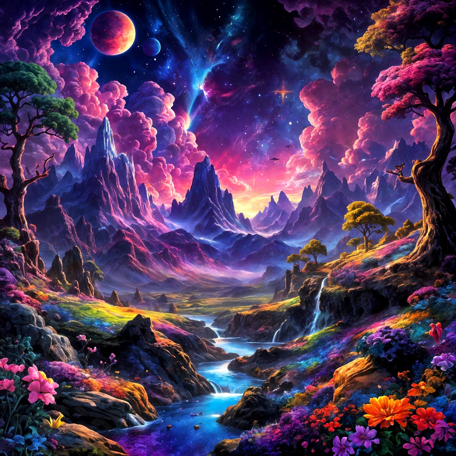 Vibrant Cosmic Wonderland Landscape in Photorealistic Style