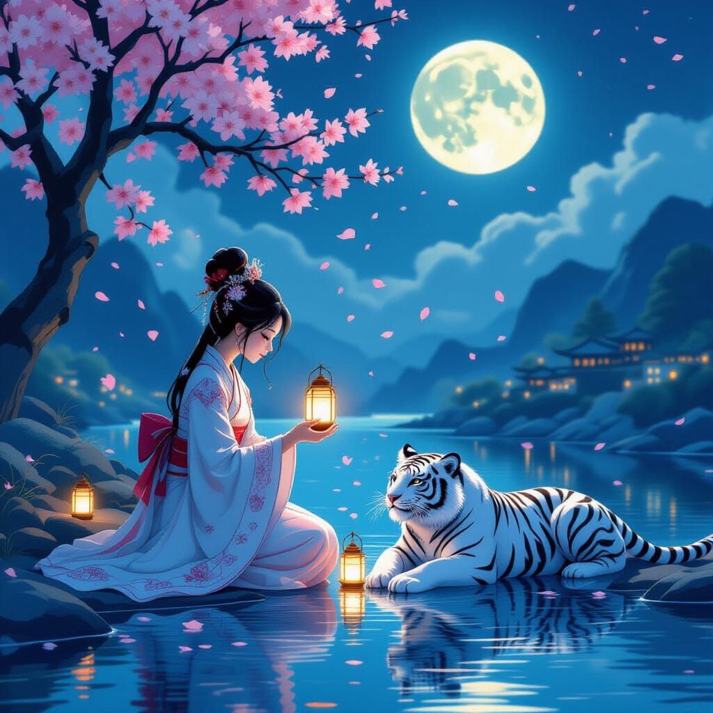 Lunar Princess Releases Lanterns by Moonlit River
