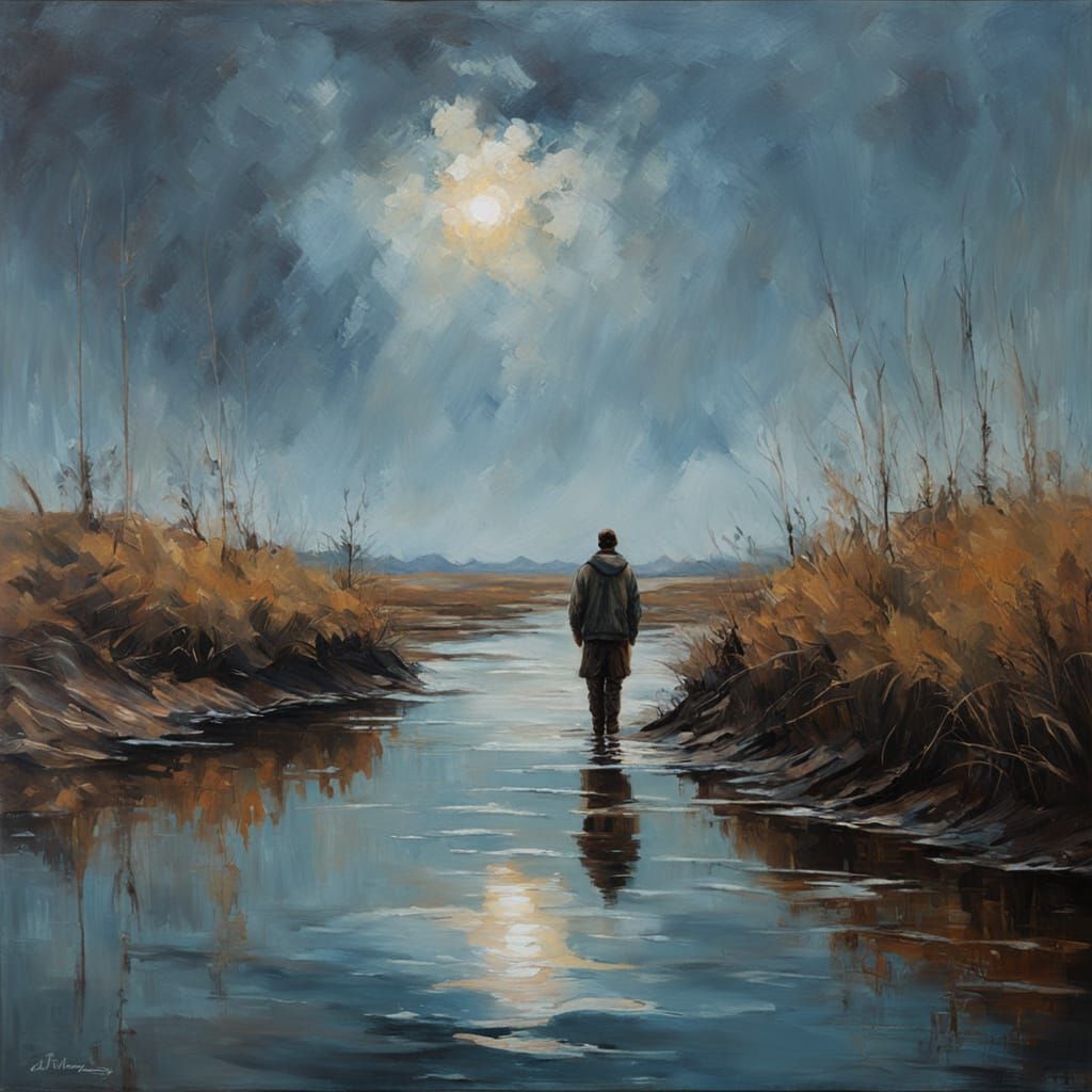 Earthy Oil Painting of a Person Staring into Water