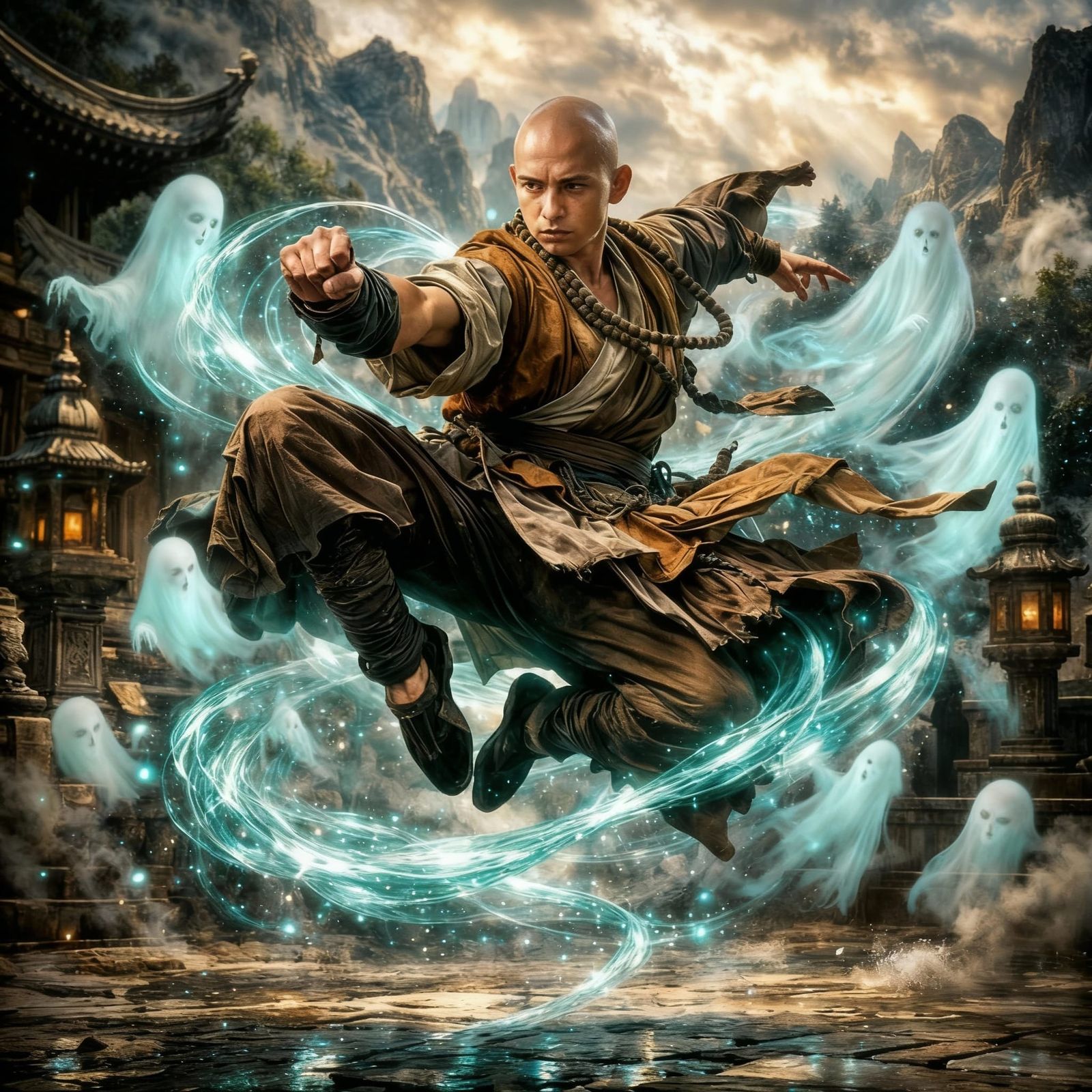 Surreal Monk in Mid-Air Martial Arts Pose with Ethereal Ener...