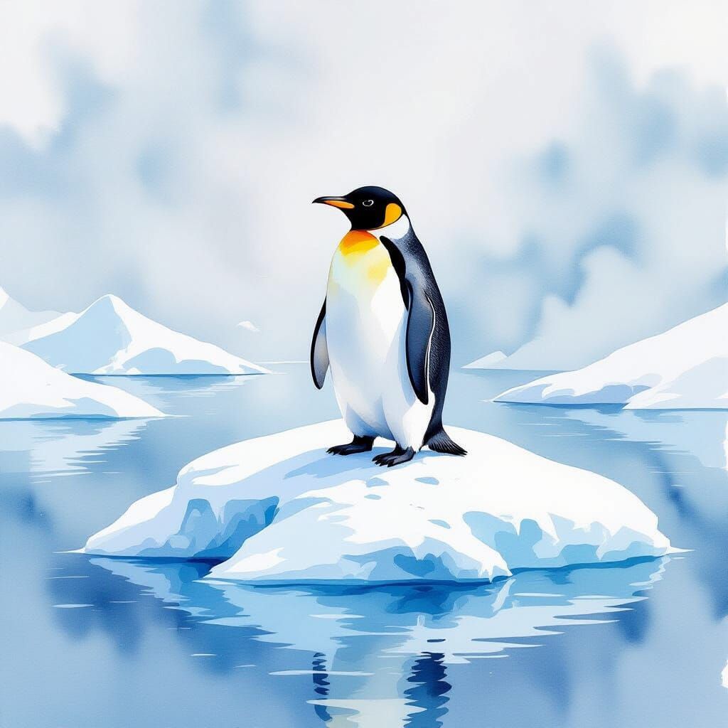 Penguin on Iceberg in Watercolor Style