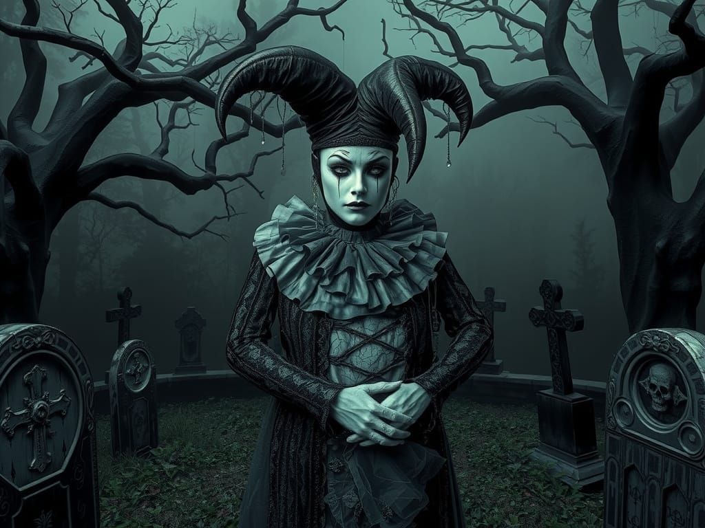Sorrowful Harlequin in Gothic Mourning