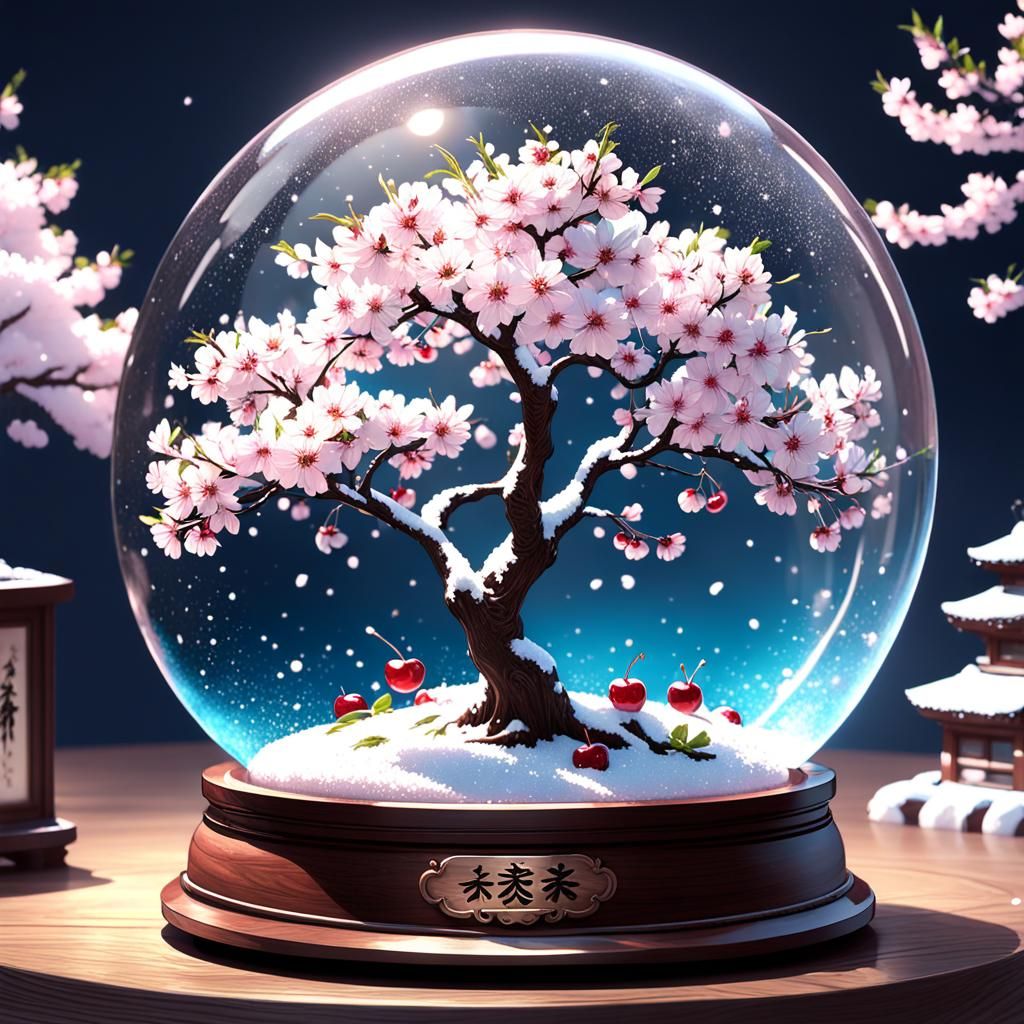 Blooming Cherry Tree Snow Globe in 3D Anime Art
