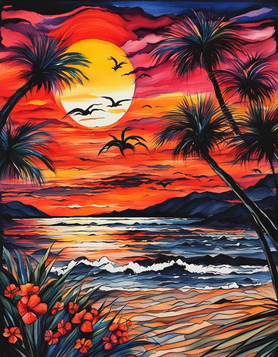 Beach Sunset with Palm Trees in Gouache Style