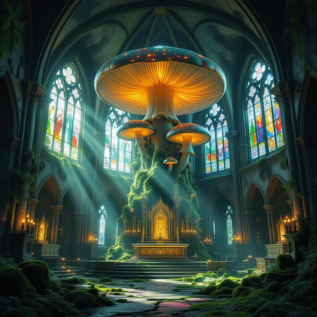 Nature Reclaims Ancient Cathedral with Bioluminescent Mushro...