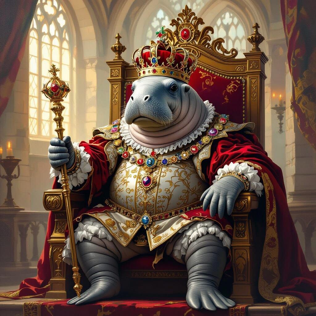 Jolly Manatee King Henry VIII on Throne in Oil Painting Styl...