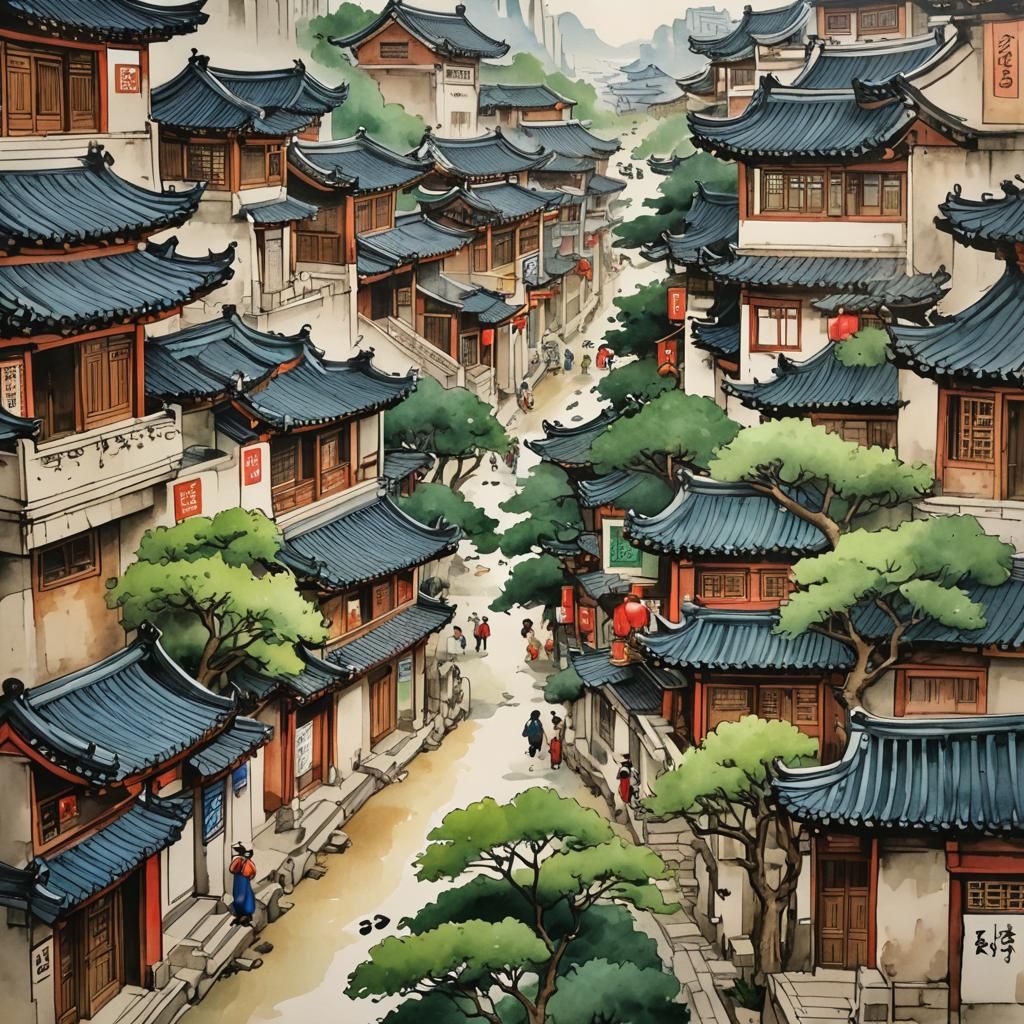 Korean Folk Art Urban Sketch in Watercolor