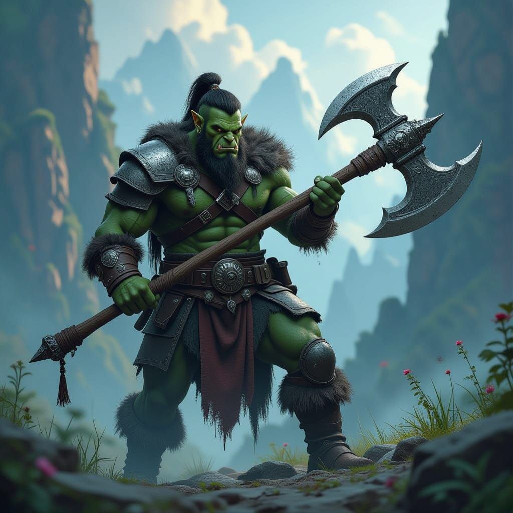Half-Orc Barbarian in Mystical Landscape, Matte Painting