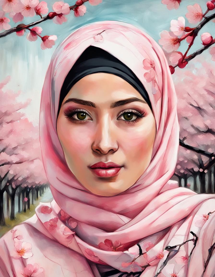 Japanese Hijabi Woman Portrait in Pop Art Style