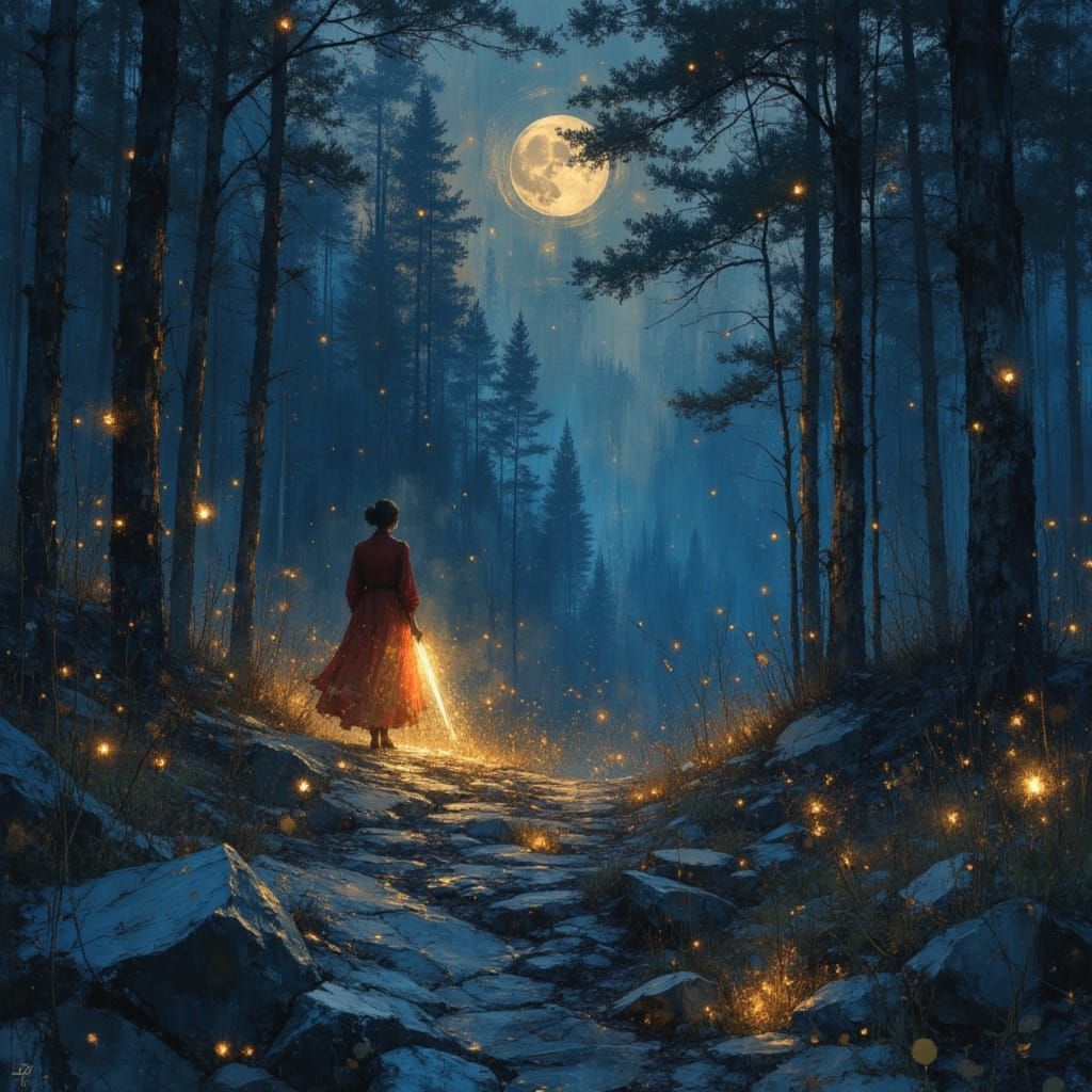 Mysterious Night Scene with Glowing Light and Dramatic Strug...